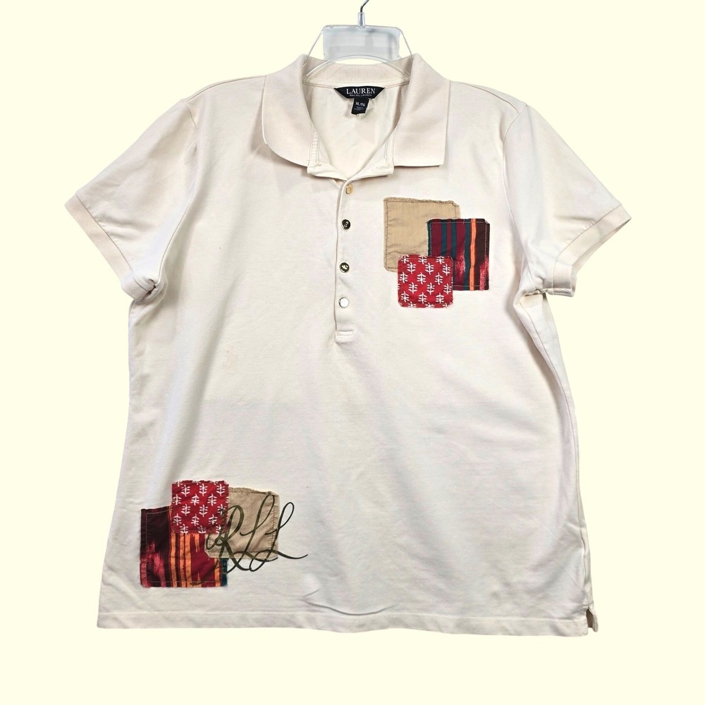 Y2K Lauren Ralph Lauren Patchwork Womens XL Polo Shirt LRL Artsy Preppy